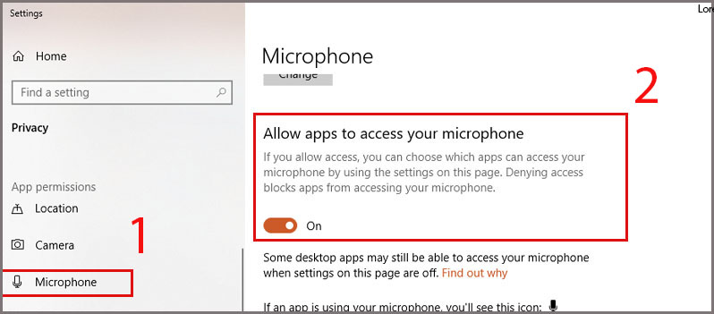 Đặt 'On' cho nút chuyển trong 'Allow apps to access your microphone' 